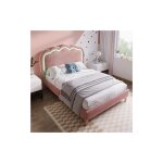 Lit enfant 90x190 cm, lit simple, lit capitonn�, avec sommier � lattes et t�te de lit led r�glable, velours, ...