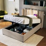 Lit capitonn� simple, liseuse avec fonction de chargement, 90x200 cm, naturelle (sans matelas)