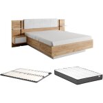Lit avec chevets 160 x 200 cm - avec leds - coloris : naturel et blanc + sommier + matelas - elynia