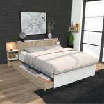 Lit city 140x190 + t�te de lit chevet + 1 tiroir / d�cor blanc & ch�ne blanchi / 216x216x80