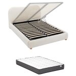 Lit coffre 140 x 190 cm - tissu bouclette - blanc + matelas - vanari Lit coffre 140 x 190 cm - tissu bouclette - blanc + matelas - vanari