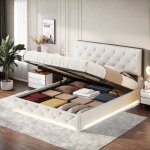 Lit coffre 140 x 200 cm, lit 2 personnes led avec rangement, t�te de lit r�glable en hauteur, d�cor rivet, ...