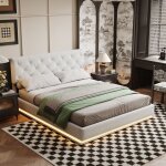 Lit coffre 140x190 cm, lit capitonn� avec sommier � lattes et t�te de lit d�cor�e de rivets, avec �clairage ...