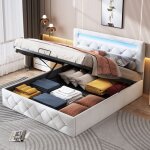 Tanant ? lit coffre 140x190 cm ? t�te de lit clout�e avec bande lumineuse led ? sommier � lattes en velours ...