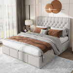 Lit coffre 140x190 cm lit double capitonn� avec sommier � lattes, d�cor clout�, sans matelas, gris