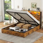 Lit coffre 140x200 cm, lit double, lit adulte avec chevet de rangement, �clairage led eet leverage hydraulique ...