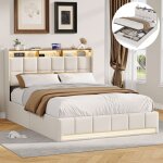 Lit coffre 140x200 cm avec rangement, t�te de lit capitonn� avec �clairage led et ports usb, sommier ...