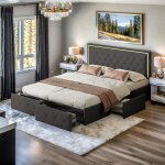 Lit coffre 140x200 cm avec tiroirs, lit 2 personnes moderne avec 4 tiroirs, cadre de lit avec sommier ...