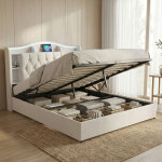 Lit coffre 140x200 avec sommier, lit double capitonn� avec led et charge sans fil & usb, t�te de lit ...