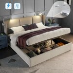 Dans les nuages ? lit coffre 160x200 cm ? lit double capitonn� avec 2 lampes de lecture ? rangement hydrauliqu ...