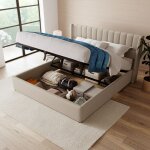 Lit coffre 160x200 cm, 2 places, lit adulte capitonn� - sommier en bois massif, lin, cadre en m�tal - ...