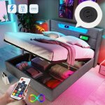 Lit coffre 160x200 cm led lit double en lin avec hydraulique espace de rangement, fonction de charge ...