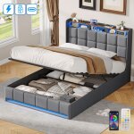 Lit coffre 160x200 cm avec rangement, t�te de lit capitonn� avec �clairage led et ports usb, sommier ...