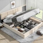 Lit coffre 160x200 cm lit double rembourr, lit adulte avec rangements et tte de lit rglable, en velours, ...