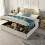 Lit coffre 160x200 cm - sommier en bois massif, t�te de lit avec liseuse, port usb, lin, lit adulte capitonn� ...