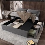 Dans les nuages - lit coffre 180x200 cm en velours, avec hydraulique de rangement, tte de lit de capitonn, ...