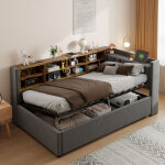 Lit coffre 90�200 cm, lit simple avec rangement, usb, type c, lampe de lecture et �tag�res, sans matelas, ...
