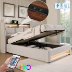 Lit coffre 90x200 cm, lit adulte avec usb et led, lit double capitonn�, bois + m�tal + lin, sans matelas, ...