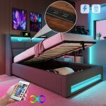 Lit coffre 90x200 cm, lit adulte avec usb et led, lit double capitonn�, bois + m�tal + lin, sans matelas, ...