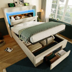 Lit coffre 90x200 cm avec tiroir et rangement, t�te de lit led avec ports usb et type - c, en lin, beige, ...