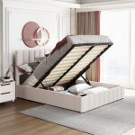 Lit coffre adulte 140 x 200cm - lit double en velours avec sommier à lattes en métal et tête de lit réglable ... Lit coffre adulte 140 x 200cm - lit double en velours avec sommier à lattes en métal et tête de lit réglable ...