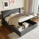 Wishdor - lit coffre lit adulte capitonné double 160 x 200 cm avec sommier à lattes, lin, gris, sans ... Wishdor - lit coffre lit adulte capitonné double 160 x 200 cm avec sommier à lattes, lin, gris, sans ...