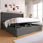 Wishdor - lit coffre lit adulte capitonn� double 180 x 200 cm avec sommier � lattes, lin, gris, sans ...