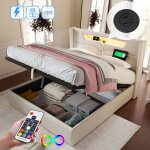 Wishdor - lit coffre lit adulte double 140 x 200 cm. chargement usb type c et clairage led. en lin beige ...