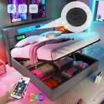 Lit coffre lit adulte double 160 x 200 cm. chargement usb type c et éclairage led. en lin gris Lit coffre lit adulte double 160 x 200 cm. chargement usb type c et éclairage led. en lin gris