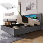 Lit coffre lit adulte double 160 x 200 cm. chargement usb type c et clairage led. en lin gris. matelas ...