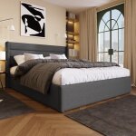 Lit coffre 140x200 cm, lit adulte, lit double capitonn avec sommier  lattes, lin, gris, sans matelas, ...