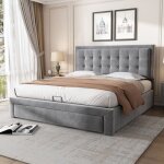 Wishdor - lit coffre lit adulte double capitonn�140 x 200 cm avec 2 tiroirs et sommier � lattes en bois, ...