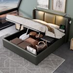 Lit coffre 140x200 cm, lit capitonn avec lampe de lecture avec usb tte de lit, lit double en pu, gris, ...