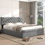 Lit coffre 140x200 cm, lit adulte avec sommier  lattes et tte de lit capitonn rglable en hauteur, ...