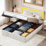 Lit coffre capitonn� 140x190 cm, t�te de lit d�cor�e losanges avec lumi�res led, coffre hydraulique, ...