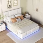 Lit coffre double 140x190cm - tissu simili cuir, tte de lit avec clairage led, rangements, sommier ...