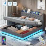 Dans les nuages - lit coffre capitonn 160x200 cm, avec clairage led, hydraulique de rangement, usb ...