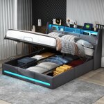 Lit coffre capitonn� 160x200cm, t�te de lit coffre avec usb et �clairage led, avec sommier � lattes, ...