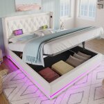 Wishdor - lit coffre capitonn� double 160 x 200 cm avec fonction de chargement usb type - c et led, en ...