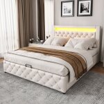 Lit coffre lit capitonné double 160 x 200 cm avec sommier à lattes éclairage led, pu, blanc Lit coffre lit capitonné double 160 x 200 cm avec sommier à lattes éclairage led, pu, blanc