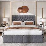 Lit coffre adulte 160×200cm, sommier tapissier, hydraulique, lit double, sans matelas, lin, gris Lit coffre adulte 160×200cm, sommier tapissier, hydraulique, lit double, sans matelas, lin, gris