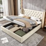 Lit coffre 140x200 cm, lit adulte, lit capitonn� beige en forme d'oreille avec sommier � lattes, velours, ...