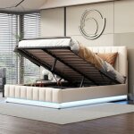Lit coffre capitonn led - sommier mtallique  lattes & tte rglable en hauteur - lit de rangement ...