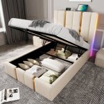 Lit coffre capitonn� simple 90 x 200 cm avec led et fonction de chargement usb type c, lin, beige, sans ...