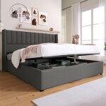 Lit coffre capotonn� - lit double de rangement lit hydraulique avec sommier � lattes en bois + t�te de ...