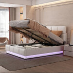 Lit coffre double 140 x 200 cm avec éclairage led, lit coffre capitonné, sommier à lattes, tête de lit ... Lit coffre double 140 x 200 cm avec éclairage led, lit coffre capitonné, sommier à lattes, tête de lit ...