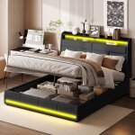 Lit coffre double 160x200 cm, avec bandeau lumineux led, table de chevet, avec s�parateurs de rangement, ...