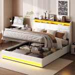 Lit coffre double 160x200 cm, avec bandeau lumineux led, table de chevet, avec s�parateurs de rangement, ...