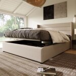 Lit coffre double 160x200 cm, lit double avec matelas hydraulique, t�te de lit � rayures horizontales, ...