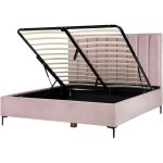 Lit coffre double 180 x 200 cm en velours rose mtal et bois tte de lit haute sezanne